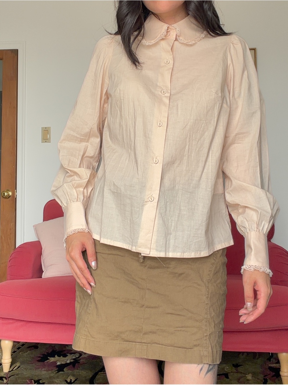 Delicate Dainty Lace-Trim Button Down Shirt - Blush Pink Cotton